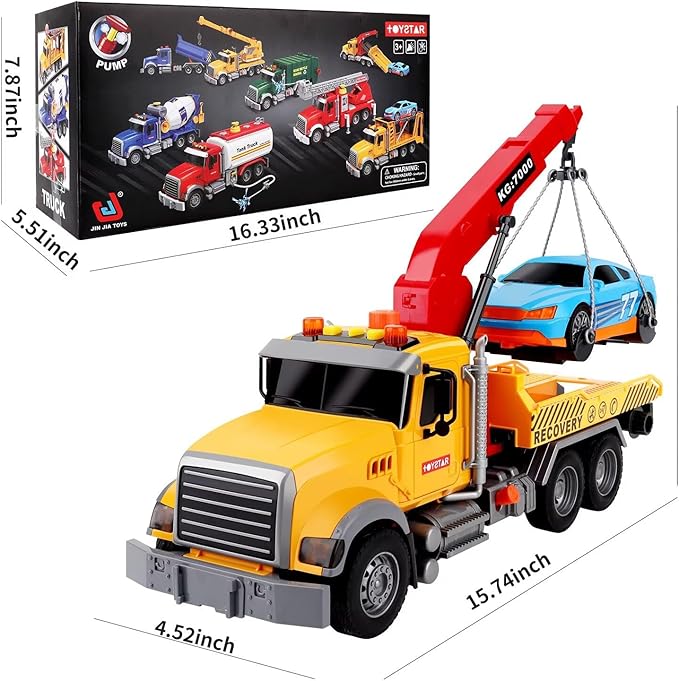 Dwi Dowellin Kids Toys for 3 4 5 6 7 Years Old Boys, 15" Large Tow Truck Toy,Friction Powered Transport Truck Crane Toy with Lights and Sounds,with Roadster,Toddlers Gifts