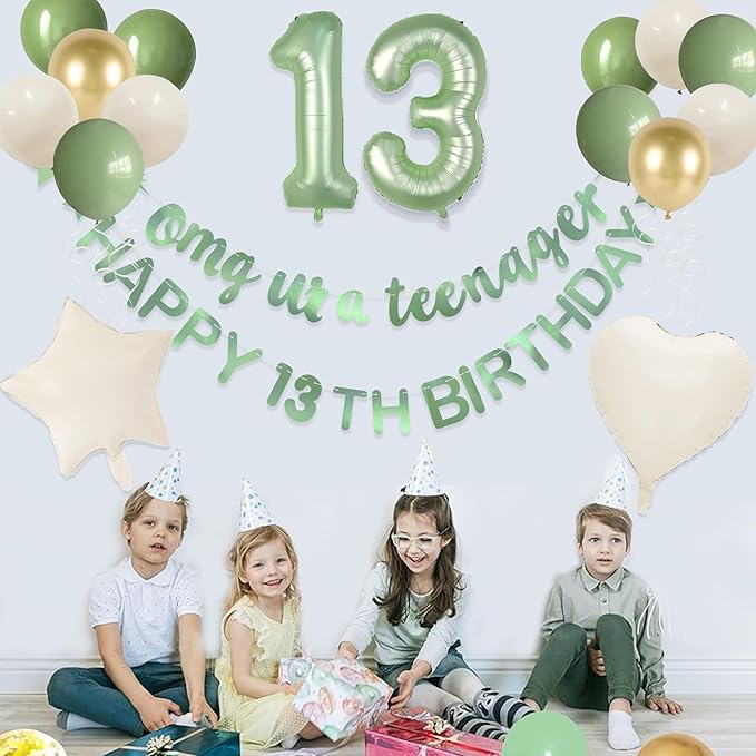 Sage Green Omg Ur A Teenager Happy 13th Birthday Banner Garland Foil Balloon 13 for 13 Birthday Decorations Official Teenager 13th Birthday Decor for Teen Girls 13 Years Old Birthday Party Supplies