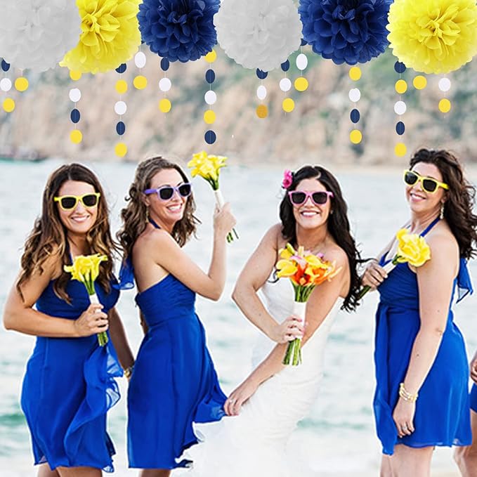 Navy-Blue White-Yellow Graduation Party Decorations - 23pcs Tissue Pom Poms Streamers,Birthday Tassel Garland Banner,Wedding Engagement Baby Bridal Shower Decor Ouruola