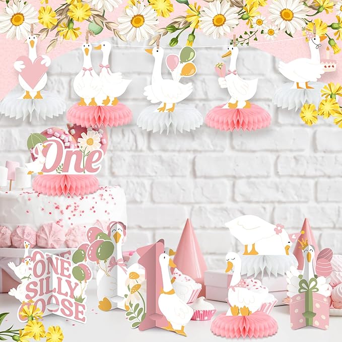 12 Pcs One Silly Goose Birthday Decoration Girls Honeycomb Centerpieces Pink White Silly Goose Table Decoration Cake Balloon Heart Flowers Table Topper for 1st Birthday Party Favor Supplie