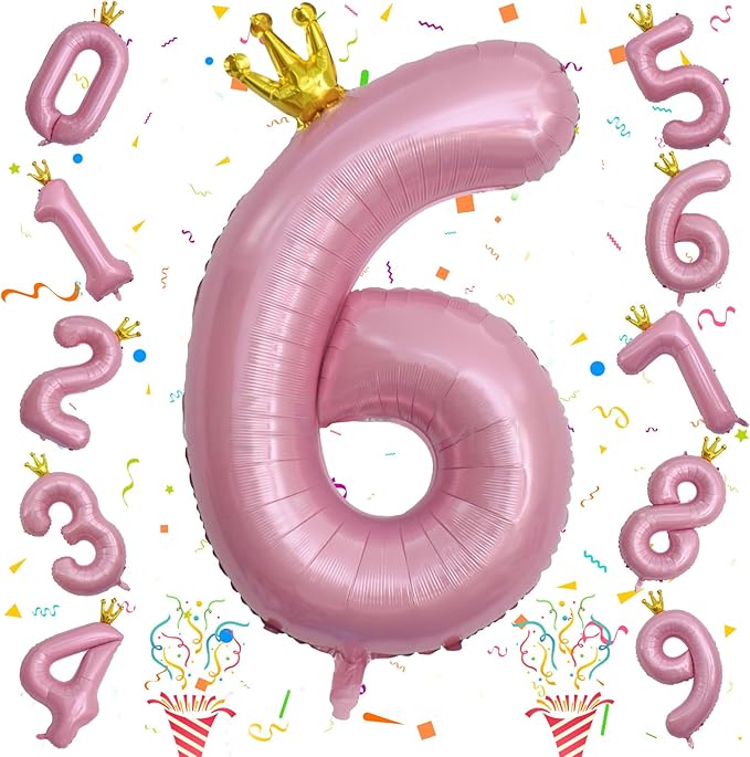 Large Number 6 Balloons, Light Pink 40 Inch Foil Number Balloon for Women, Crown Pearl Pink Self Inflating 0-9 Set Balloons for Girls 6th Birthday Party Decor Anniversary Party Decorations Supplies