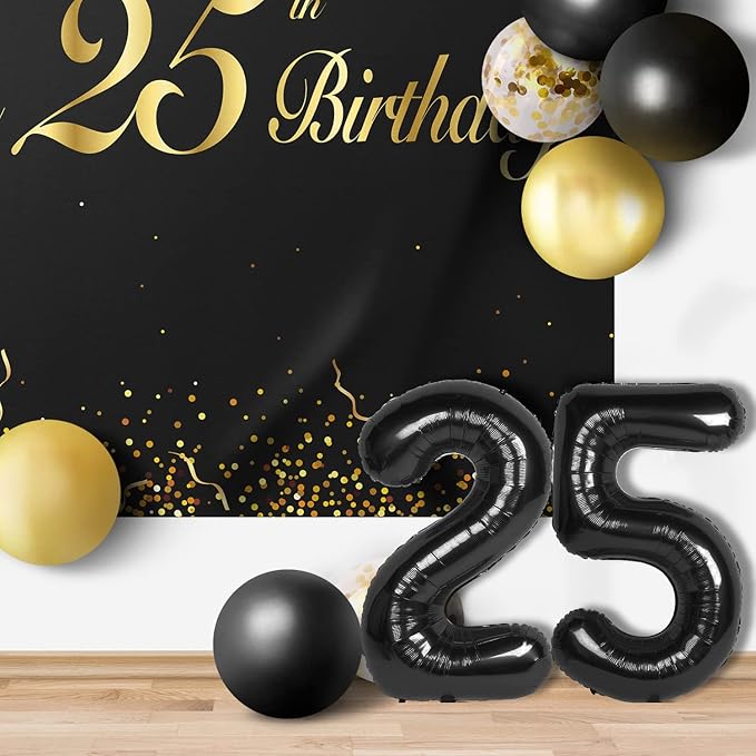 Happy 25th Birthday Balloons Black Set Decor - Cheers to 25 Years Old Party Theme Garland Banner Backdrop Decorations For Women and Men Supplies