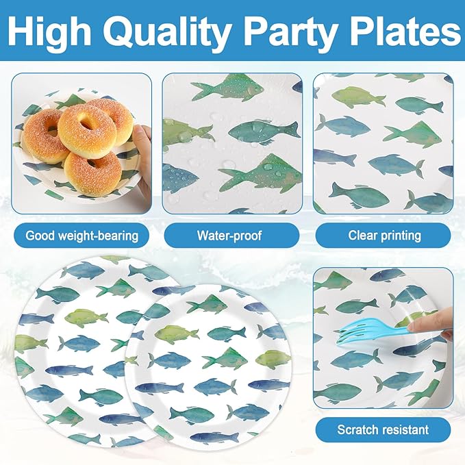 96Pcs Gone Fishing Party Paper Plates and Napkins Sea Ocean Fish Birthday Supplies Little Fisherman Tableware for 24 Guests for Summer Wedding Ofishally One Fishing Birthday Gatherings Decorations