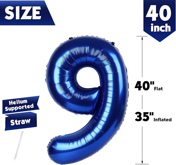 40 Inch Night Blue Number 9 Balloon, Giant 9 Number Balloons for 9th Birthday Decorations, Party Supplies for Baby Boy Girl, Night Blue Party Decor