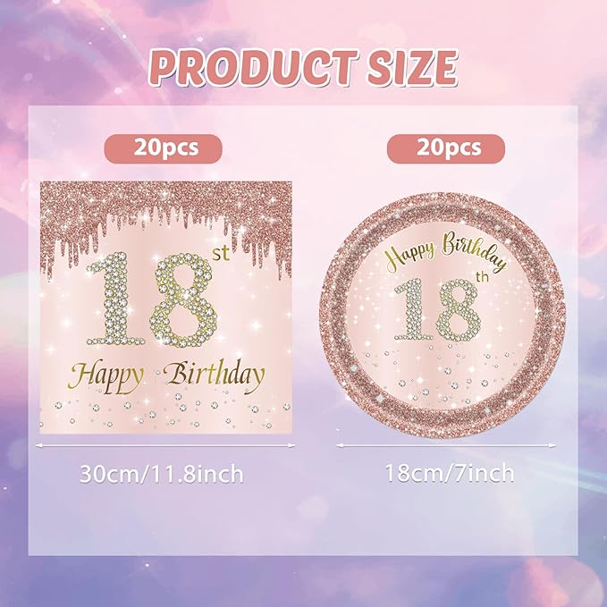 40PCS 18th Birthday Decorations for Girls Rose Gold Birthday Party Decorations Supplies Included Paper Plates and Napkins Happy 18 Years Birthday Party Tableware Set for 24 Guests