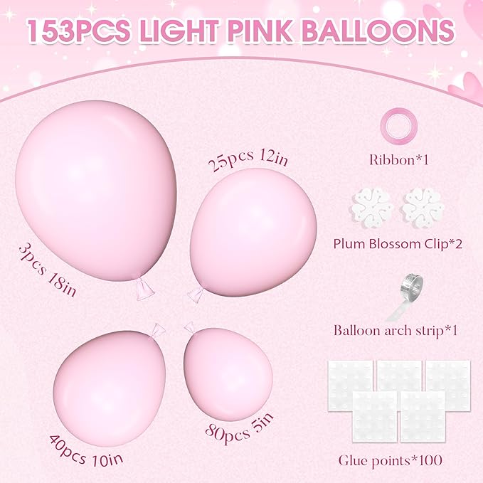 Amandir 153pcs Pink Balloons Arch Garland Kit, Different Sizes 18 12 10 5 Inch Latex Pastel Pale Light Pink Balloon for Princess Birthday Bridal Wedding Gender Reveal Valentines Day Party Decorations