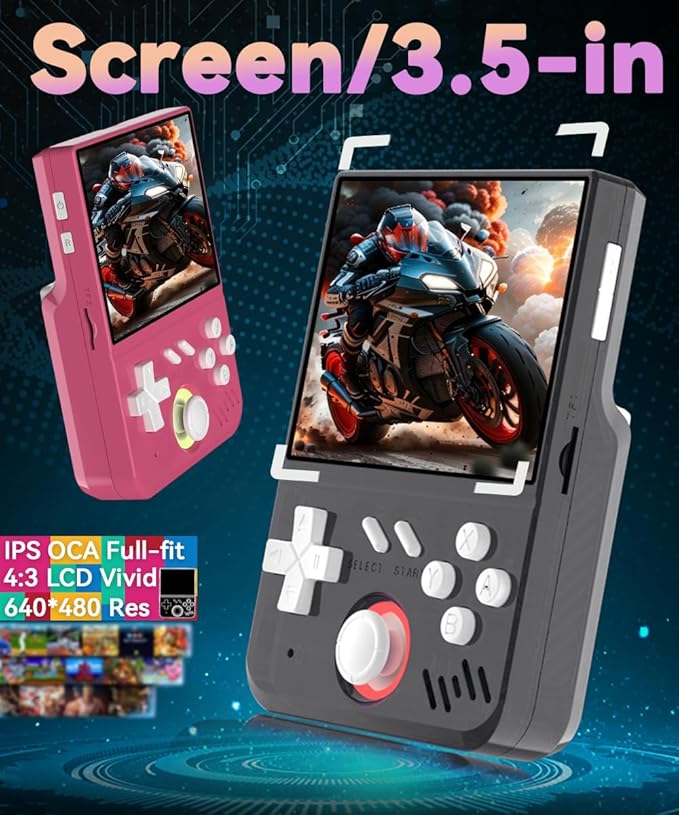EWDGOES My Mini Handheld Game Console 3.5-in 640 * 480 IPS OCA Screen RK3326 4000mAh with Portable Case Pink-64GBVer.