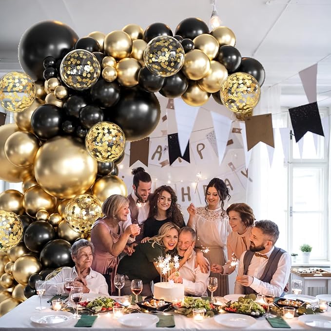 155Pcs Black and Gold Balloon Garland Arch Kit with Gold Confetti Balloons for Graduation New Year Birthday Wedding Party Decorations