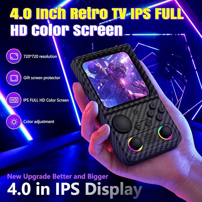 R36TMAX Retro Gaming Console, 4.0'' IPS Screen, Retro Handheld Game Console with 18000+ Classic Games Supports WiFi Networked Fighting and OTG, 4000mAh Battery, with Portable Case(Carbon Black 64GB)