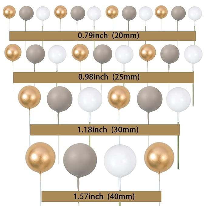 Gyufise 30Pcs Ball Cake Toppers Balls Cupcake Toppers Insert Foam Ball Cake Picks Mini Balloon Cake Decoration for Wedding Baby Shower Birthday Party Cake Decorations Supplies Dark Grey Gold White