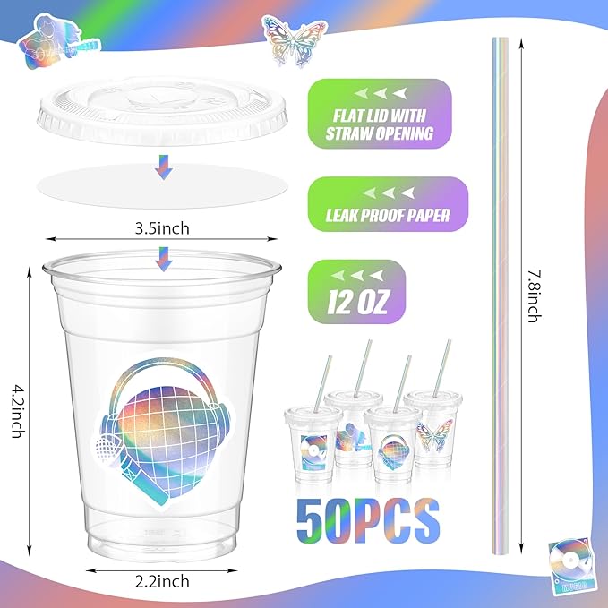 Domensi 50 Pcs Singer Birthday Party Pink Purple Music Theme Party Cups Holographic Birthday Supplies 12 oz Disposable Plastic Cup with Lid Straw Concert Guitar Disco Iridescent for Singer Fans