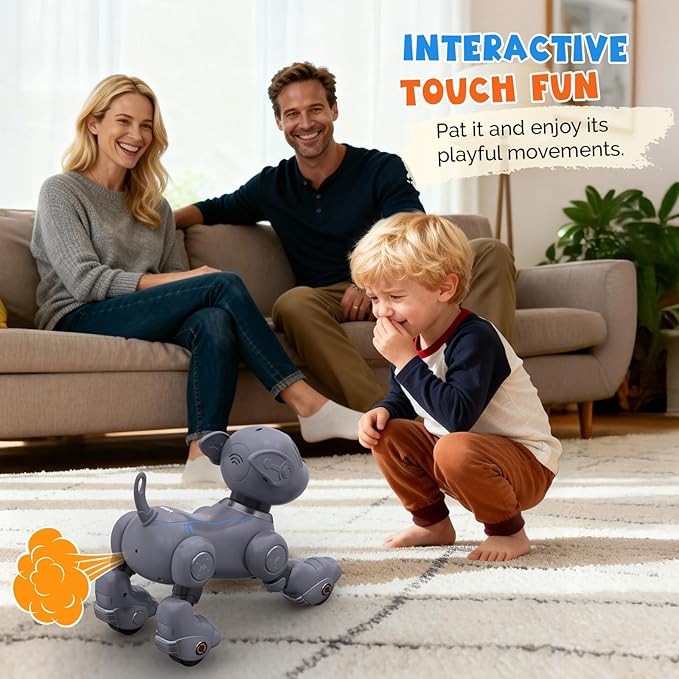PRANITE Robot Dog, Programmable Remote Control Dog Toy for Kids with One-Key Following, Voice Control, Touch, Dance, Sing, Smart RC Stunt Puppy Toy Gift for Boys Girls (Gray)