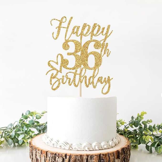 Happy 36th Birthday Cake Topper, 36th Birthday Decorations, Cheers to 36 Years, 36 Happy Birthday Party Supplies Gold Glitter