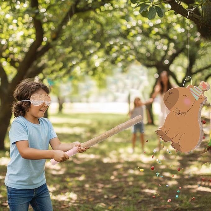 Aoriher Capybara Piñata with Stick Blindfold & Confetti - Birthday Party Favors Decorations for Animal Theme Party Supplies Toys Outdoor Games, 15 x 13 x 3.2 Inch