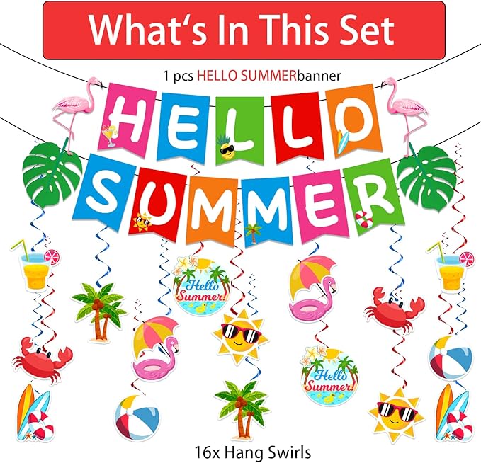 Summer Party Decorations, Beach Party Decorations Include Hello Summer Banner and Summer Beach Hanging Swirls, Summer Holiday Birthday Party Supplies