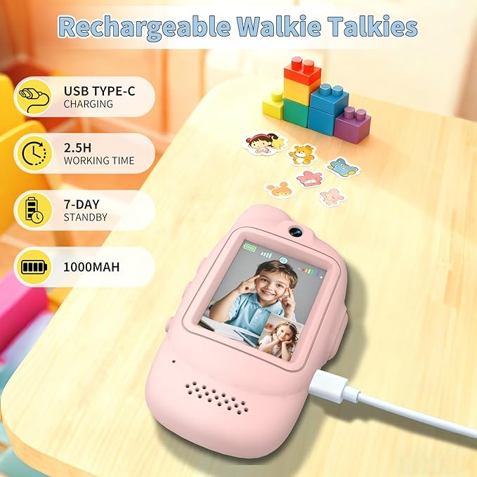 Video Walkie Talkies for Kids, Handheld 2 Pack Rechargeable Kids Video walkie talkies,Long Range Ideal for Family Games, Outside, Camping, Hiking (Pink - A)