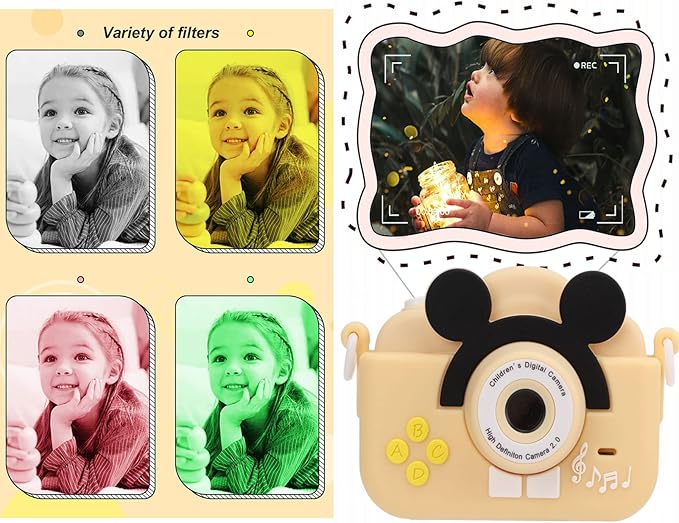 Upgrade Kids Selfie Camera, Children Camera 1080P 2 Inch HD Digital Video Camcorder, Christmas Birthday Gift for Toddler Age 3-9 Years Old Boys Girls Electronic Mini Camera Best Preschool Toys (Beige)
