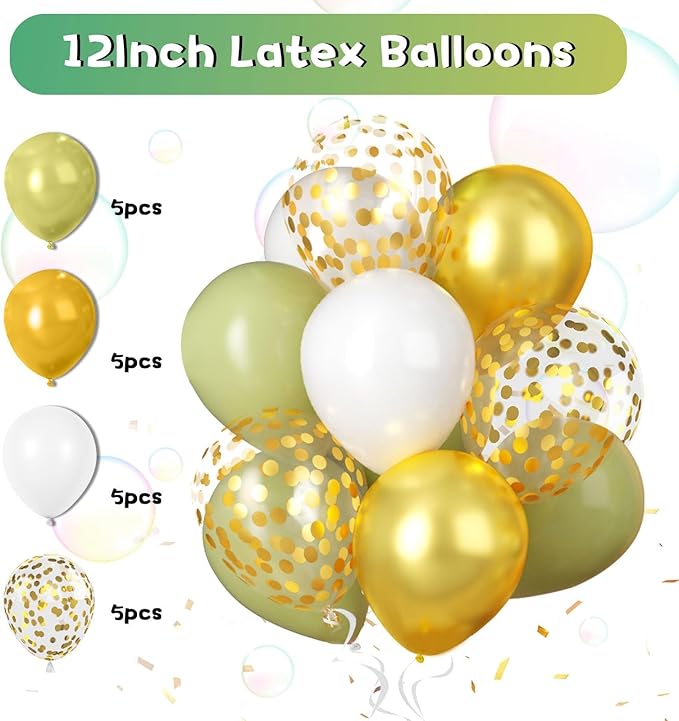 Sage Green Birthday Decorations,Women Girls Boho Party Decorations with Sage Green White Gold Confetti Birthday Balloons Happy Birthday Banner Gold Fringe Curtain Tissue Paper Pompoms Star Garland