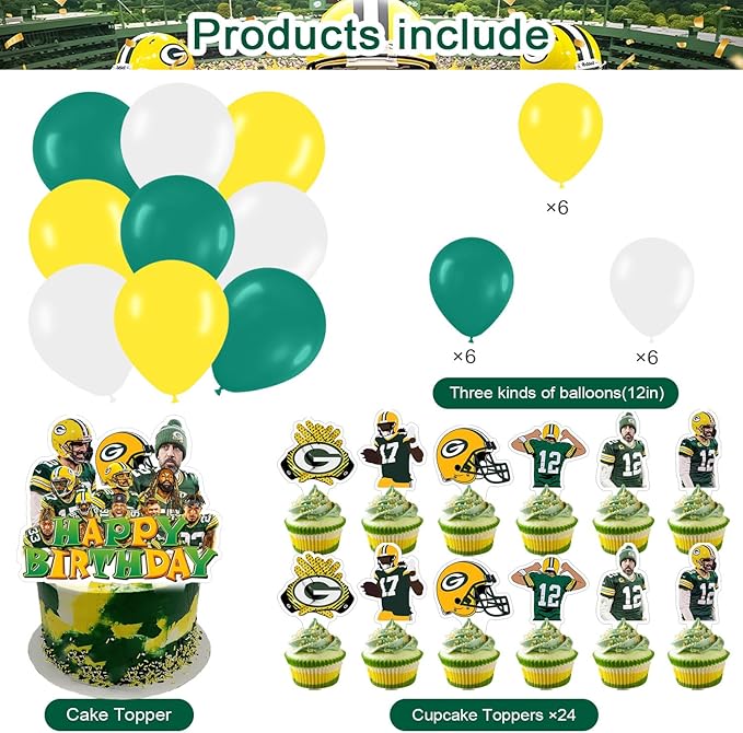 Packers of Green Party Supplies,Football Rugby Party Decorations Includes Backdrop, Cake Toppers, Balloon for Soccer Party Decorations