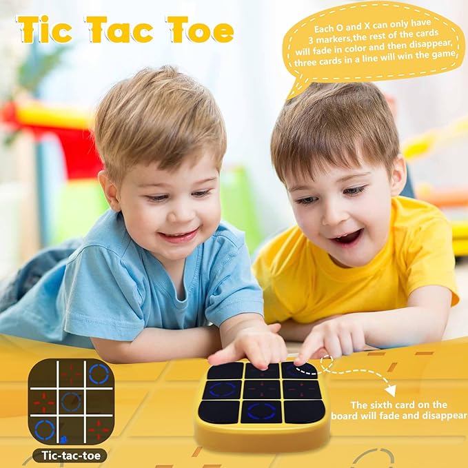 4-in-1 Electronic Tic Tac Toe Bolt Game with Mute Function, Handheld Puzzle Game Console Toys for Educational, Portable Travel Games, Board Games Gifts for Kids and Adults (Yellow)
