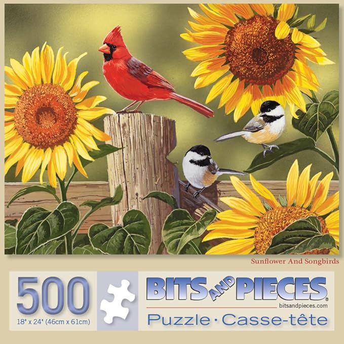 Bits and Pieces – 500 Piece Jigsaw Puzzle for Adults – Sunflower and Songbirds - Cardinal Jigsaw Puzzle by Artist William Vanderdasson, Completed Puzzle Size: 18" x 24"