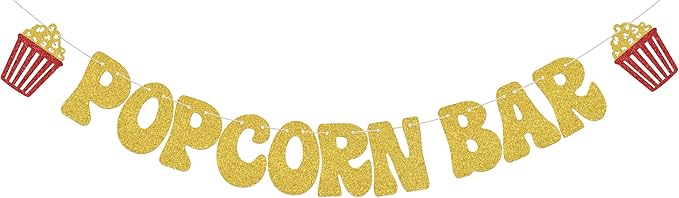 Popcorn Bar Banner - Movie Birthday Party Decoration - Funny Popcorn Birthday Bachelorette Party Decoration Gold Glitter