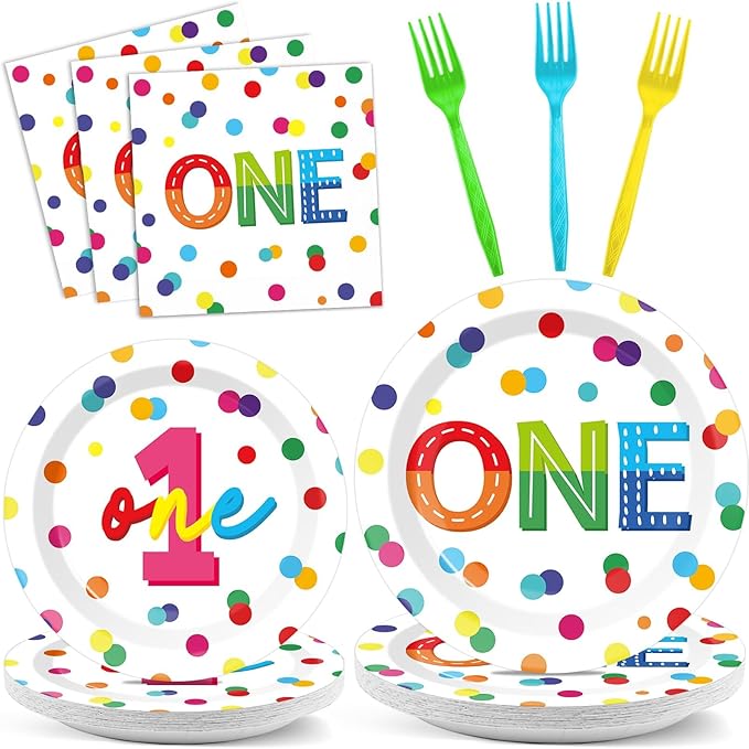 CHUNNIN 96pcs Rainbow 1st Birthday Plates and Napkins Confetti Happy Birthday Party Decorations with Polka Dot Confetti Dessert Plates Colorful 1st Tableware for 24 Guests 1 Year Old Party Supplies