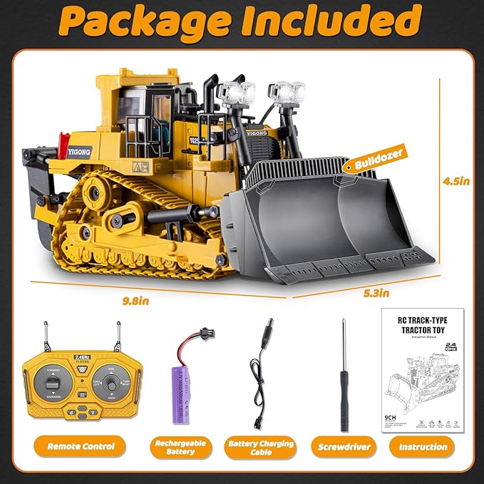 Rc Bulldozer Toys - Remote Control Bulldozer Construction Vehicles Trucks for Boys Kids Age 7 8-12 - Metal Remote Control Electric Tractor Loader Toys with Light and Sound - Birthday Gift