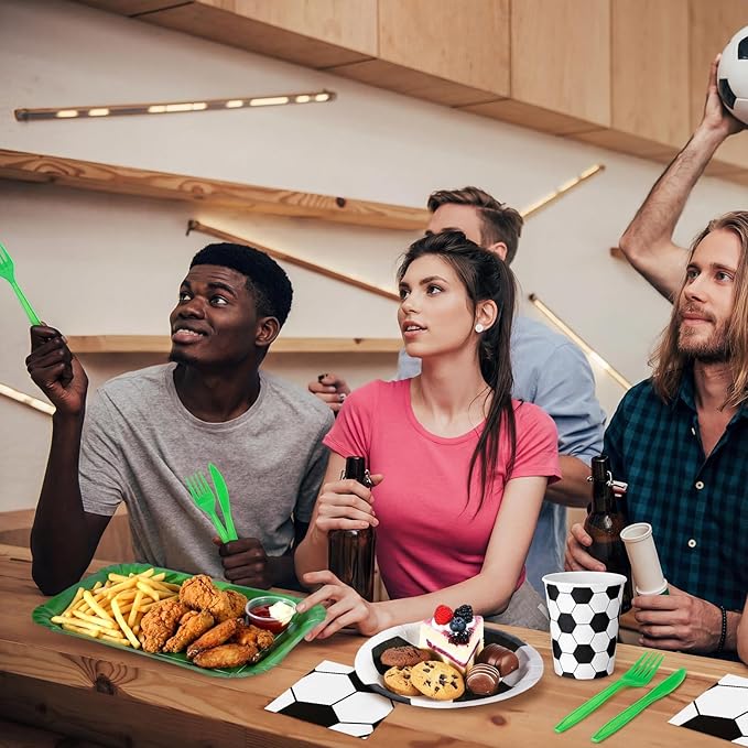 144 Pcs Soccer Party Supplies Set Serves 24 Soccer Birthday Party Decorations Disposable Serving Trays Paper Plates and Napkins Cup Fork Knife Dinnerware for Sports Theme Birthday Decoration