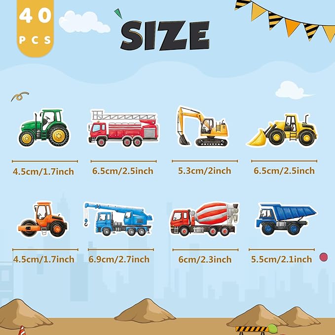 WERNNSAI 40 Pcs Construction Cupcake Toppers - Construction Birthday Party Supplies Truck Excavator Cake Toppers Picks for Kids Birthday Baby Shower Party Supplies