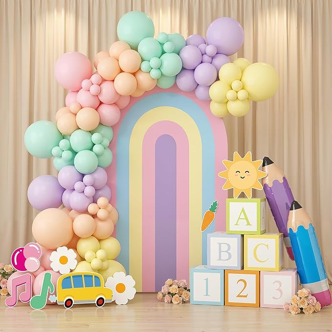 Moukeren 23 Pcs Large English Teacher Party Decor Kit Backdrop, 12 Cutouts, 4 Pencil Balloons 6 ABC Paper Blocks for Cartoon Girls Birthday Party Supplies Cartoon Themed Events