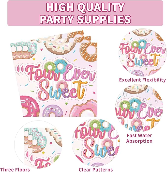 Grencian 96 Pcs Four Ever Sweet Donut Birthday Decorations Girl 4th Donut Themed Plates and Napkins Forks Disposable Tableware Set for Kids Girl 4 Year Old Birthday Party Supplies Favors Serves 24