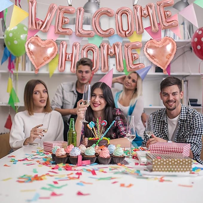 TONIFUL Welcome Home Balloons,16 Inch Rose Gold Welcome Home Foil Balloons Banner Welcome Home Party Decorations for Homecoming Party Decorations House Warming Party Family Gathering Supplies