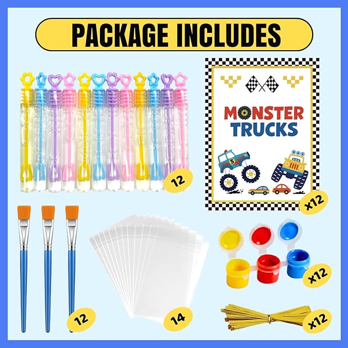 12 PCS Monster Truck Party Favors & DIY Craft Kit - Unfinished Wooden Truck Painting Set with Bubble Wands, Paints, Brushes & Cards - Birthday Party Favors for Kids, Boys & Girls, Classroom Rewards