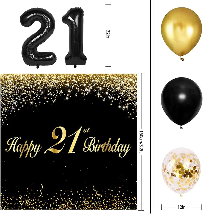 Happy 21st Birthday Balloons Black Set Decor - Cheers to 21 Years Old Party Theme Garland Banner Backdrop Decorations For Women and Men Supplies