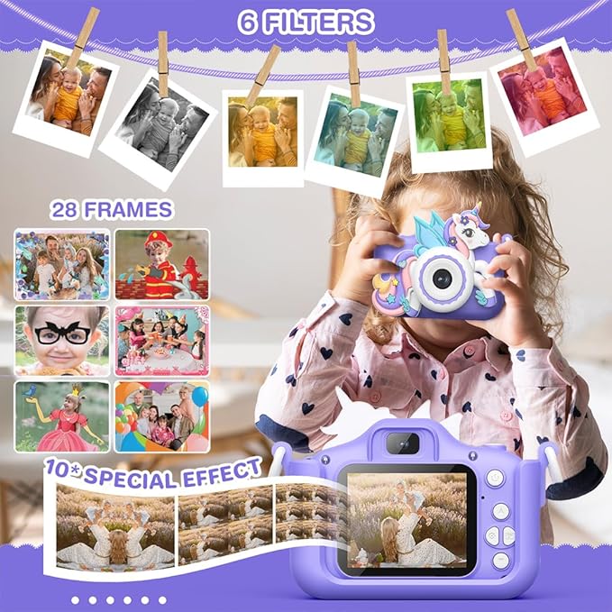 Wembley Kids Camera for Boys & Girls 3–8 Years | Digital Camera for Kids 1080P Selfie Video | Toddler Unicorn Camera Rechargeable with Games | 32GB Card | Silicone Cover | Birthday Gift - Purple