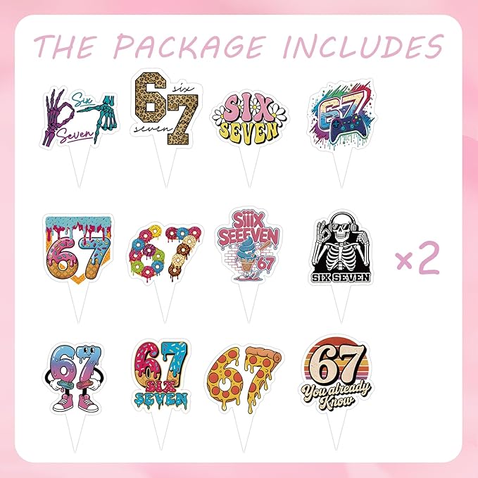 48PCS Six Seven Cupcake Toppers, Funny 6 7 Party Decorations Funny Six Seven Birthday Cake Decorations for Donut Ice Cream Baseball Meme 6 7 Theme Party Supplies