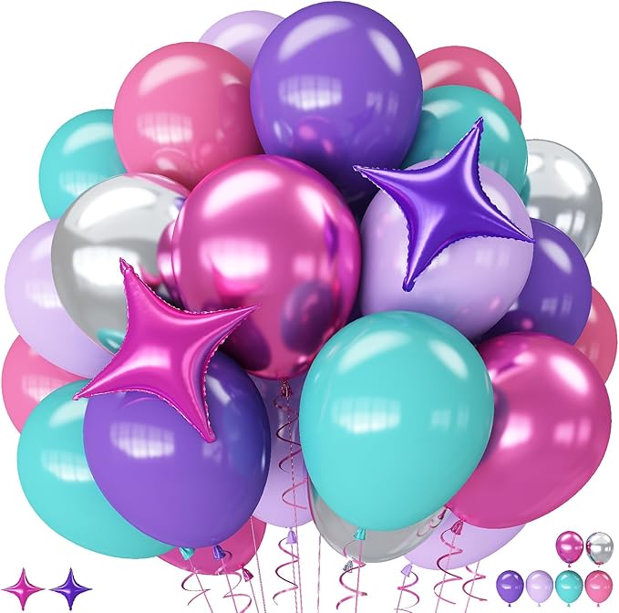 Pink Purple Blue Balloons, 62 Pcs 12 Inch Hot Pink Purple Teal Latex Balloons Violet Turquoise Silver Helium Balloon with Star Foil Balloon for Kids Magic Theme Mermaid Cartoon Birthdays Baby Shower