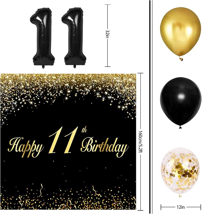 Happy 11th Birthday Balloons Black Set Decor - Cheers to 11 Years Old Party Theme Garland Banner Backdrop Decorations For Boy and Girl Supplies