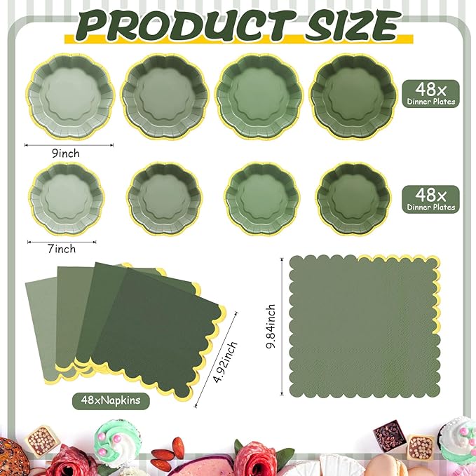 Vesici 144 Pcs Sage Green Party Plates with Napkins 9 Inch 7 Inch Paper Plates and Disposable Napkins with Gold Foil Border for Tea Birthday Bridal Baby Shower Wedding Party Supplies