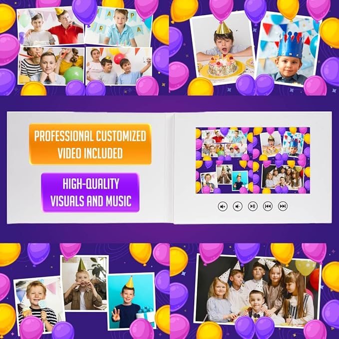 Birthday Greeting Video Card for Boys – Custom Slideshow Gift – Upload Your Favorite Photos – 7” Display, USB Rechargeable, 256MB Storage, Full Color LCD