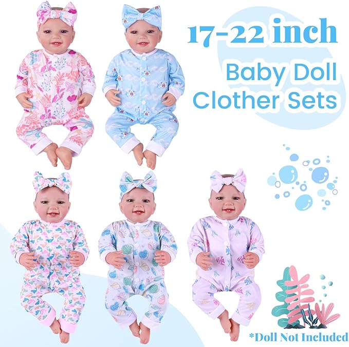 BABESIDE 5 Sets of Reborn Baby Doll Clothes with Doll Headband for 17-22 Inch Dolls, Realistic Baby Doll Clothes and Accessories Set with Various Cute Patterns for Real Life Baby Dolls