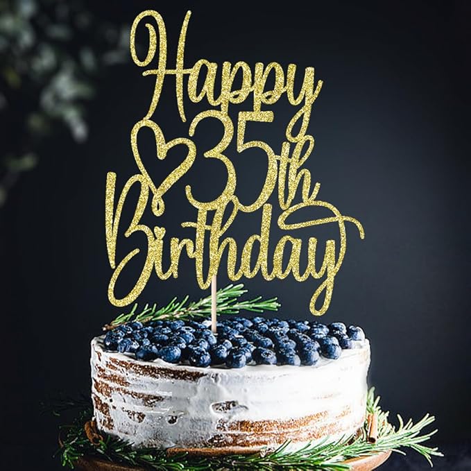 Gold Glitter Happy 35th Birthday Cake Topper - Cheers to 35 Years Cake Topper, 35 & Fabulous Cake Decoration for Hello 35th Birthday Anniversary Party Cake Decorations Supplies