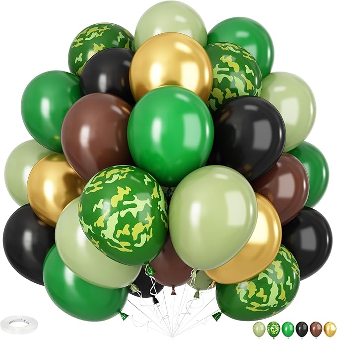 Green and Brown Balloons, 12 Inch Camo Balloons Brown, Sage Green and Metallic Gold Balloon Dark Green and Black Balloon for Army Theme Hunting Camping Jungle Birthday Baby Shower Supplies