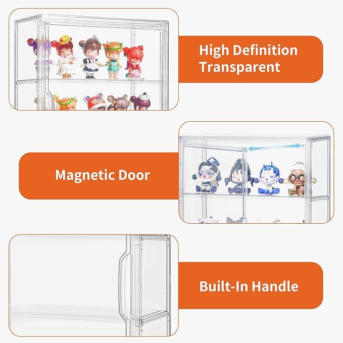 Attelite Acrylic Display Cases for Collectibles, 2 Pack 3 Layer Clear Display Case with Magnetic Door, Wall-Mounted Desktop Clear Showcase with 2 Adjustable Divider Storage Box for Action Figure