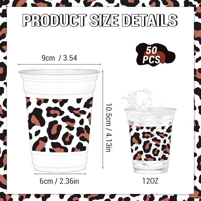 50Pcs Leopard Print Cups, 12 oz Clear Disposable Party Cups for Party Supplies Birthday Camping Barbecues Picnics Graduation Events