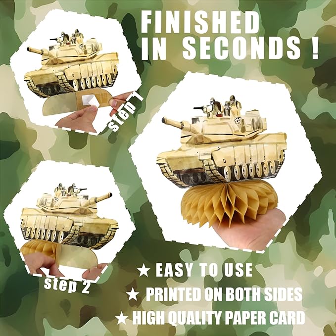 Army Party Centerpiece Set - 3D Tank Honeycomb Army Birthday Decorations and Army Table Toppers for Kids' Military-Themed Birthday and Baby Shower Table Décor