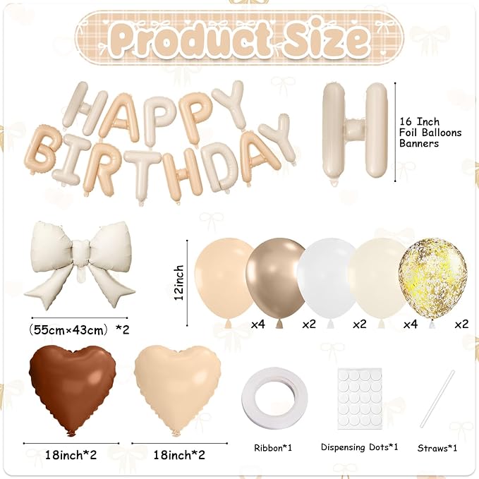 29PC Heart Bow Cream Happy Birthday Balloon Banner, 16Inch 3D Aluminum Letter Banner Sign, Apricot Brown Sand White Gold Confetti Balloons 18 Inch Apricot Foil Balloons for Bow Decorations