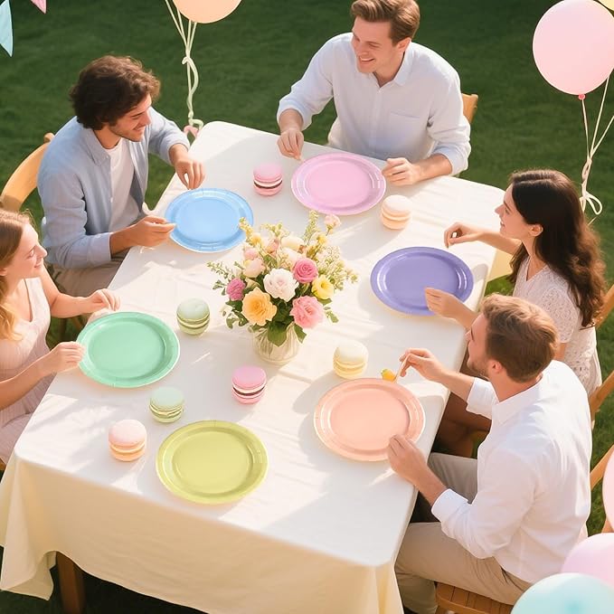 Grencian 60Pcs Pastel Rainbow Party Decorations 9" Pastel Rainbow Plates Disposable Solid Color Paper Dinnerware for Wedding Anniversary Birthday Bridal Baby Shower Summer Ice Cream Party Supplies