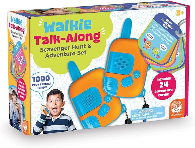 Walkie Talk-Along Scavenger Hunt & Adventure Set - 2 Rugged Walkie Talkies (1,000 ft Range) + 24 Mission Cards - Outdoor Backyard Games for Kids Ages 3+